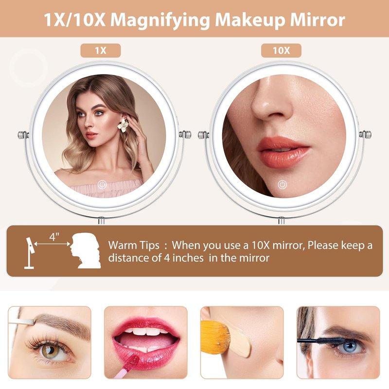 FFowcye 8" Lighted Makeup Mirror with Adjustable Height, 1X/10X Magnification, Rechargeable LED Vanity Mirror with 3 Color Modes, 360° Rotating Touch Screen, Magnifying Tabletop Cosmetic Mirror