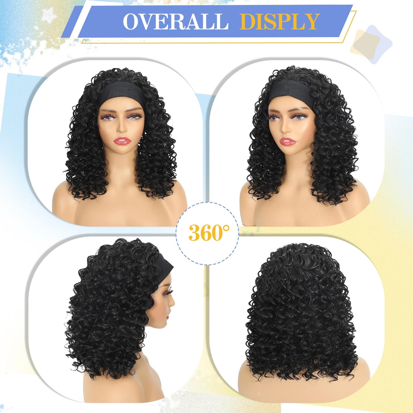 Usweety Headband Wigs Curly Short Deep Wave Wig 14 inches Synthetic Headband Wig for Women No Lace Wig Natural Color Bob Headband wig for Daily Use