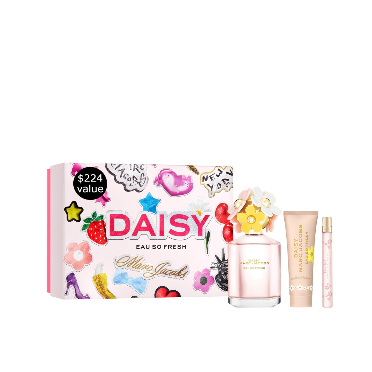 Marc Jacobs Daisy Eau So Fresh EDT 3-Piece Gift Set ($224 value) -EDT 4.2oz, Body Lotion 2.5oz, Travel Spray 0.33 oz– With Notes of Raspberry, Rose & Soft Musks - Floral Women's Perfume