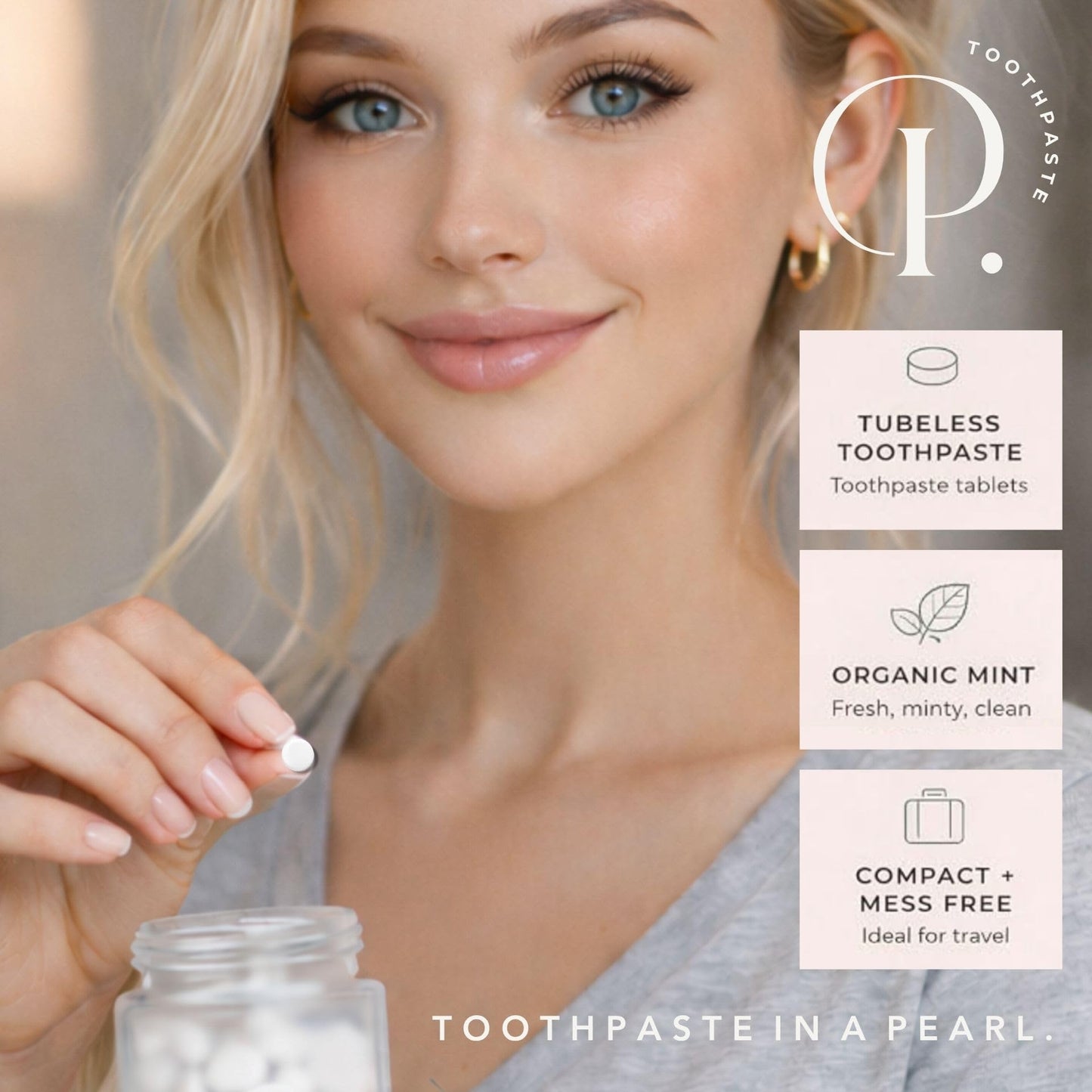 Pearl. Lux: Sea Glass Jar + 62 Tablets + Mint Floss + Bamboo Toothbrush | Dentist Designed | Natural Whitening | TSA Approved | Reusable Packaging