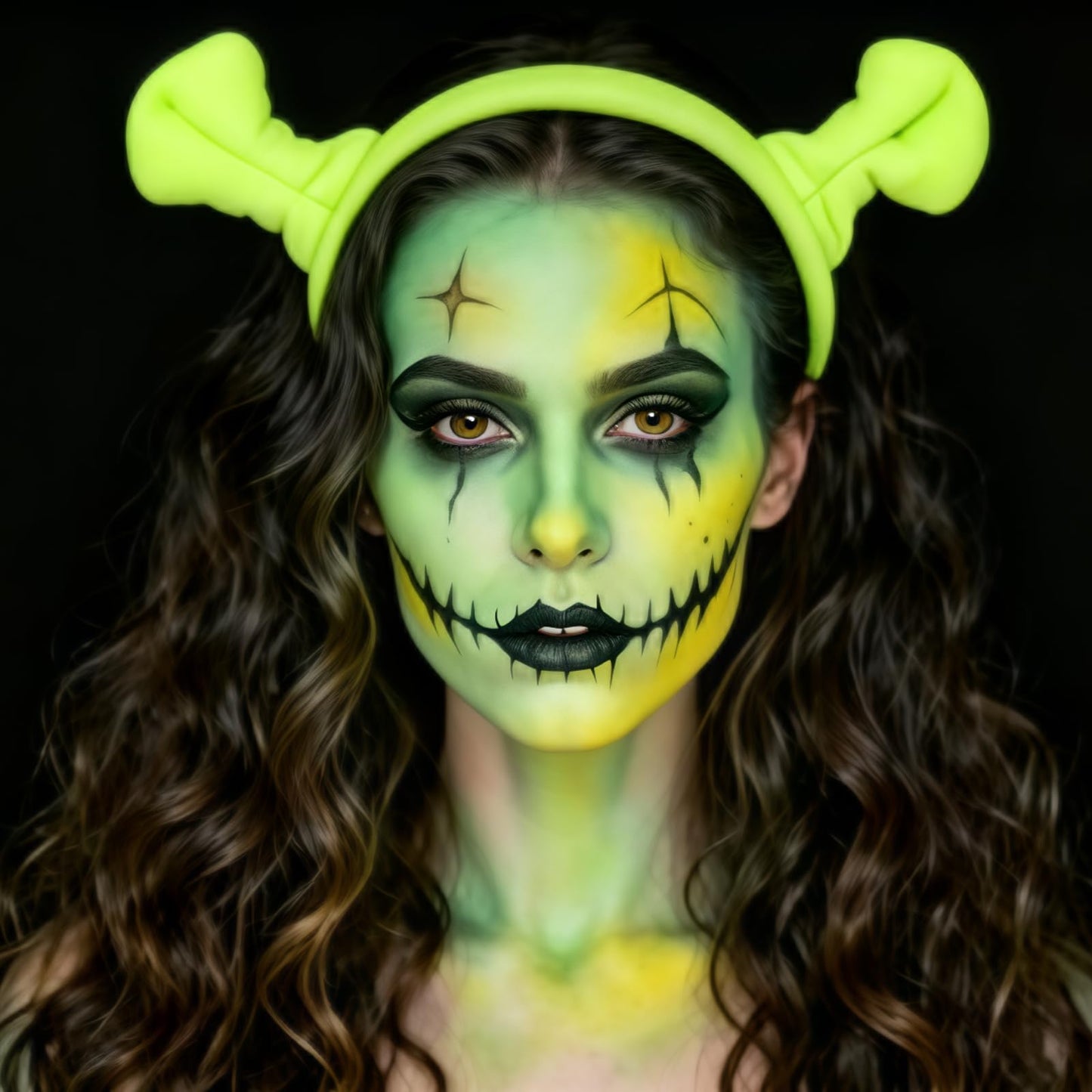 PASNOWFU Halloween Makeup Kit for Shrek, Water-Based Non-Toxic Face Paint Set with Headband, Ogre Green Face Paint for Halloween Cosplay SFX Makeup, Costume Parties, Theatre,Stage Shows