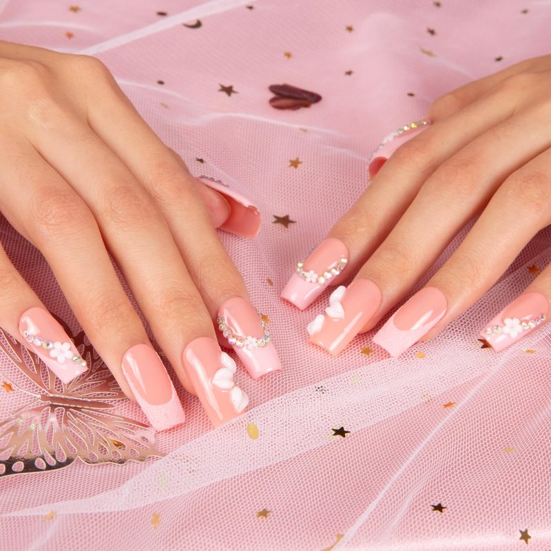 LOVFUL Press on Nails Pink Lady Handmade | Handmade with Full Covered Crystals | Reusable Fake Nails | Square Regular 1.0 in | H281-M