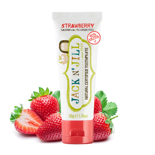 Jack N' Jill Natural Toothpaste for Baby and Infants - Fluoride Free Training Toothpaste, 40% Xylitol, BPA Free - Strawberry, 1.76 oz, (Pack of 5)