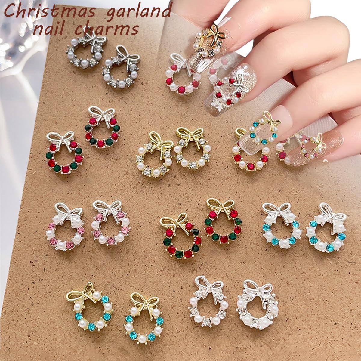22Pcs Christmas Nail Charms with Pearls Designs Alloy Xmas Wreath Crystal Nail Art Charms Sliver Gold Nail Rhinestones Jewelry for Women DIY Manicure Christmas Holiday Nail Decorations