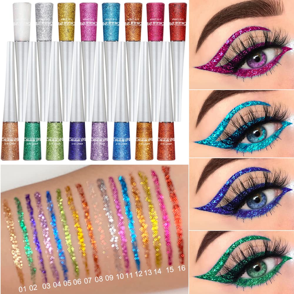 BONNIE CHOICE 16 Colors Glitter Eyeliner Liquid Set, Metallic Glitter Liquid Eyeshadow, Waterproof Long Lasting White Silver Rose Gold Pink Colorful Rainbow Eyeliners Gifts Mother's Day for Women