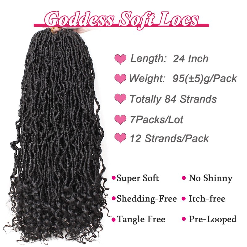 Leeven 24 Inch Goddess New Faux Locs Crochet Hair 7 Packs Long Soft Locs Crochet Braids Hair With Curly Ends Natural Black Synthetic Bohemian Locs Braiding Hair for Women 12 Strands/Pack 1B#