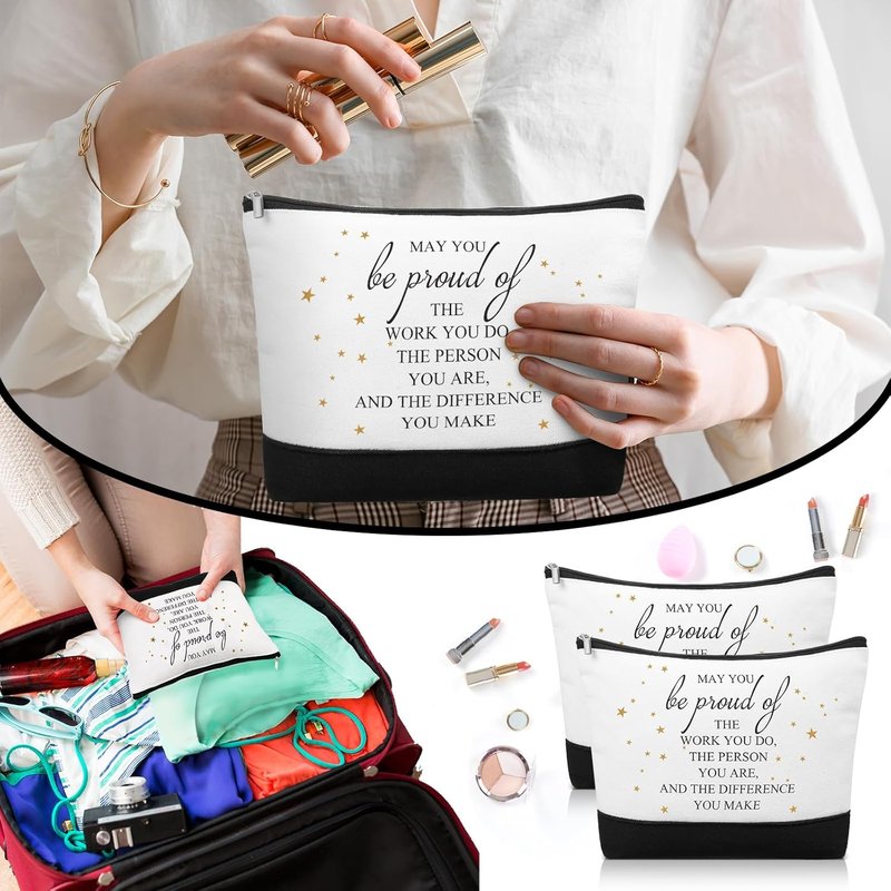Employee Appreciation Gifts - 80 Pcs Canvas Cosmetic Bags & Thank You Keychains | Inspirational Makeup Bags for Women