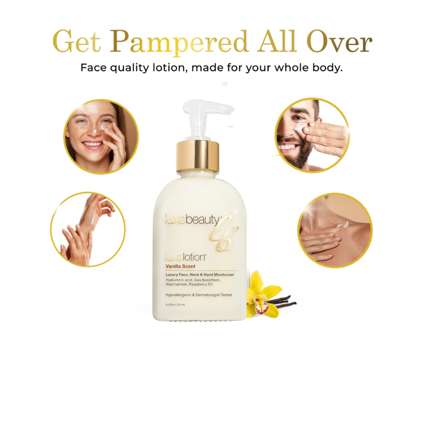 Luxe Beauty Non Greasy & Hyaluronic Acid Moisturizer for Face, Neck & Hands – Anti Aging & Non Toxic Body Lotion - Vanilla Lotion w/Silicone-Free, Organic & Plant-Based Ingredients