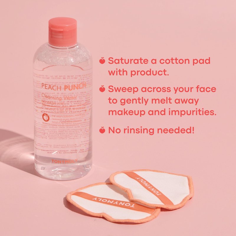 TONYMOLY Peach Punch Cleansing Water – Gentle Korean Makeup Remover & Facial Cleanser, Hydrating & Soothing Toner for Sensitive Skin, 12 oz