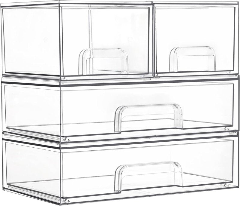 Stackable Storage Drawers - Clear Plastic Organizer Bins for Bathroom, Pantry & Laundry Room | Set of 4