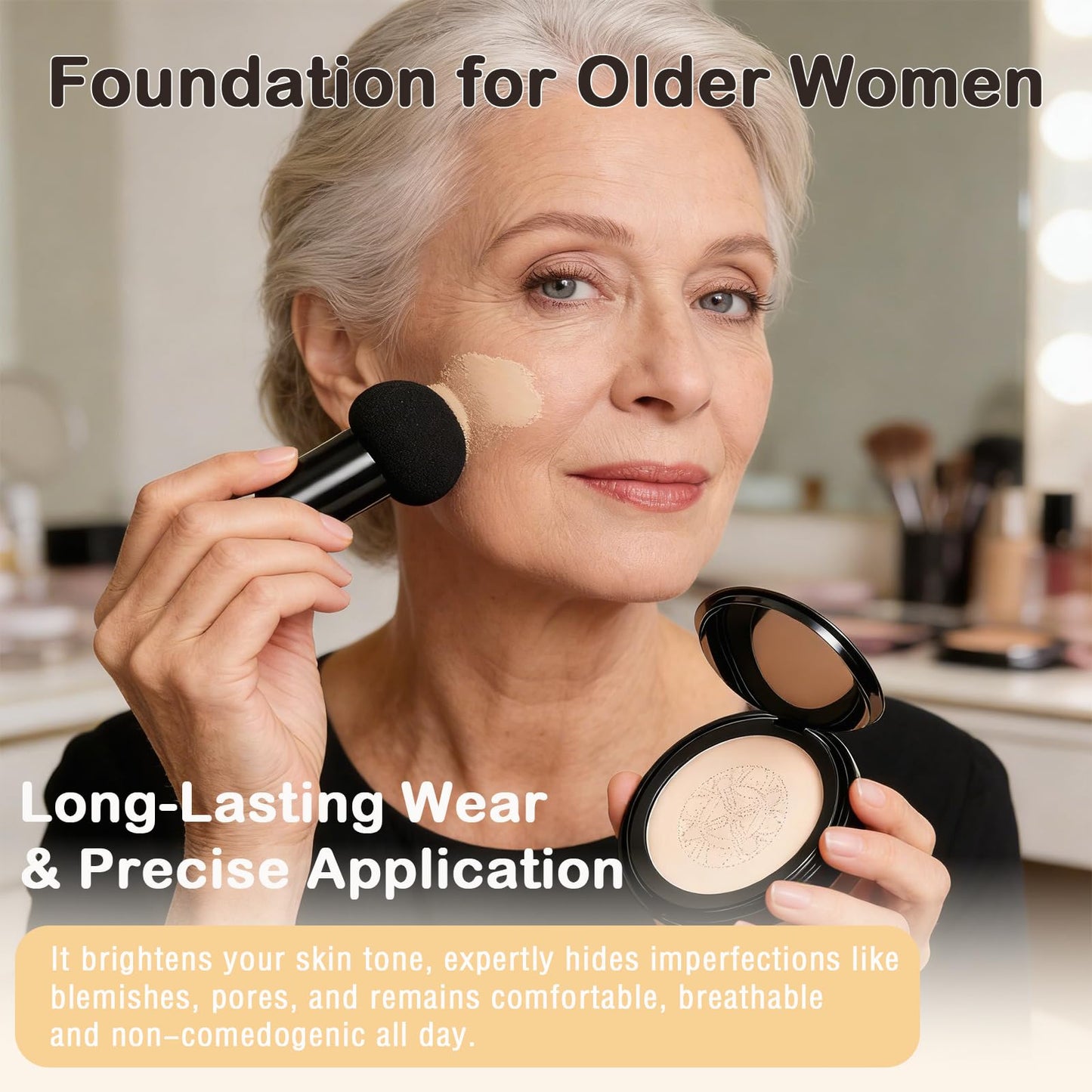 Hush Mekeup Foundation for Older Women, Warm Tone Mushroom Head Air Cushion CC Cream BB Foundation Makeup Moisturizing & Long-Lasting Full Coverage Makeup Concealer for Light to Medium Complexions