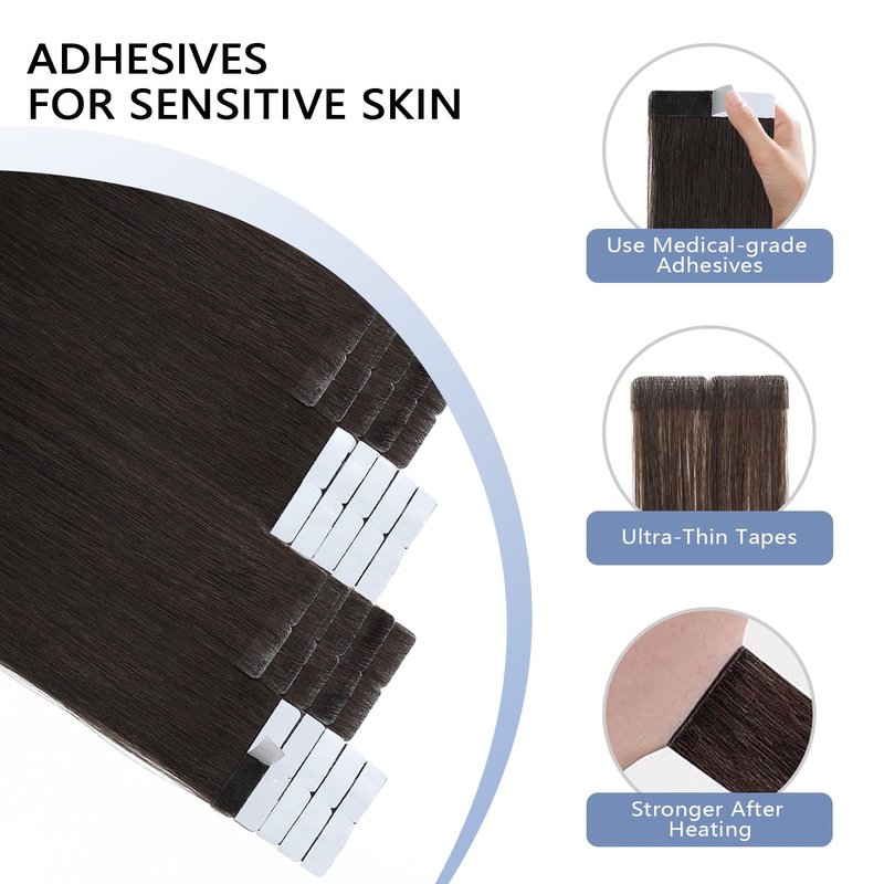 COOKAYU Injected Tape in Hair Extensions, Darkest Brown 14Inch 30g 20pcs Seamless Invisi Edge Tape in Human Hair Straight Invisible Extensions