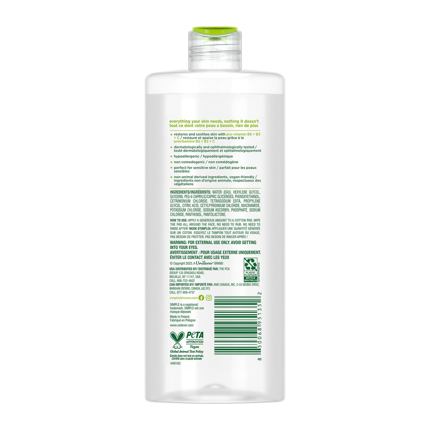 Simple Kind To Skin Micellar Water - Makeup Remover and Facial Cleanser - Face Cleanser with Pro-Vitamin B5, B3 and C - Vegan, No Perfumes - 4 pc