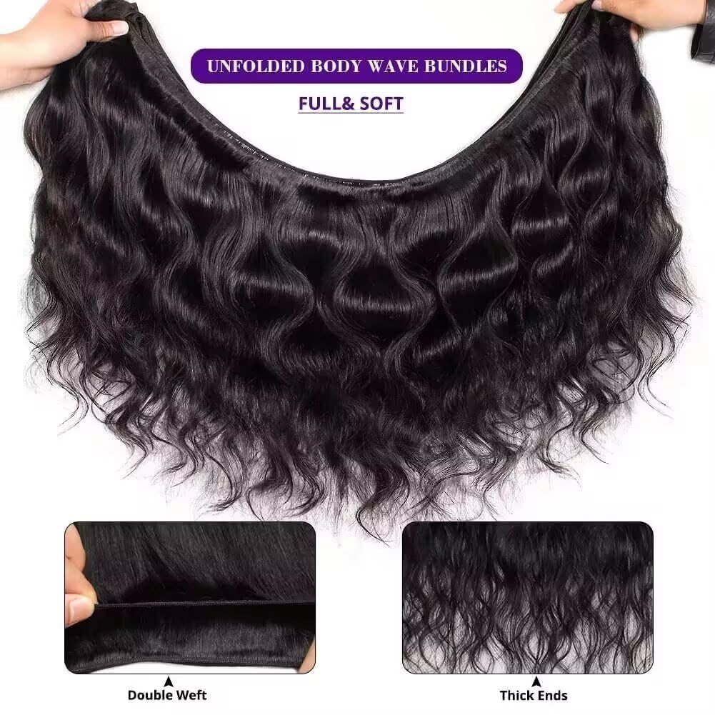 12A Human Hair Bundles 16 Inch Body Wave Bundles Human Hair 100% Unprocessed Brazilian Virgin Weave 1 Bundle for Women Natural Black Wavy Human Hair Extensions