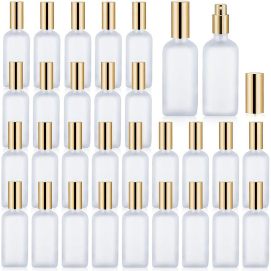 Gabotrie 30 Pcs Glass Spray Bottle, 3.4 oz/ 100 ml Perfume Empty Bottles, Frosted Glass Spray Bottles, Refillable Clear Decorative Bottle with Gold Fine Mist Sprayer Pump for Face Body Travel
