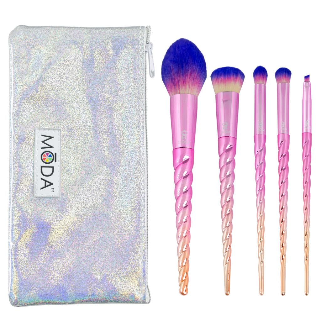 MODA Mythical Star Travel 6pc Makeup Brush Set – Vegan Face & Eye Makeup Brushes with Holographic Travel Case, Soft Synthetic Brushes for Foundation, Blush, Eyeshadow & Blending