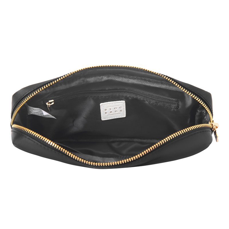 BLOC Bags Travel Makeup Bag, Cosmetic Bags for Women, Medium Cute Toiletry Bag, Make up Bag, Beauty Bag with Chenille Patch and Top Zipper, Inside Zipper Pouch and Mesh Pockets (Black Heart, Black)