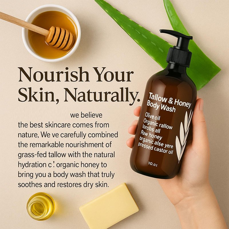 MZXDXZE Tallow and Honey Body Wash, Tallow Infused Body Wash, with Organic Honey, with Tallow Vitamin E & Aloe, Grass-Fed Tallow - Soothes Dry, for Men & Women - 10 Oz (1)