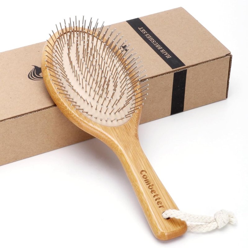 Bamboo Hair Brush - Detangling & Smoothing Scalp Massage Brush | Natural Wood with Metal Bristles for All Hair Types