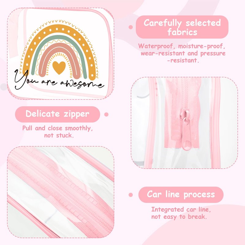 Hillban 12 Pcs Rainbow Clear Makeup Bag for Women Inspirational Quotes PVC Waterproof Cosmetic Bags Appreciation Travel Toiletry Pouch Gifts for Teacher Student Adults(Pink)