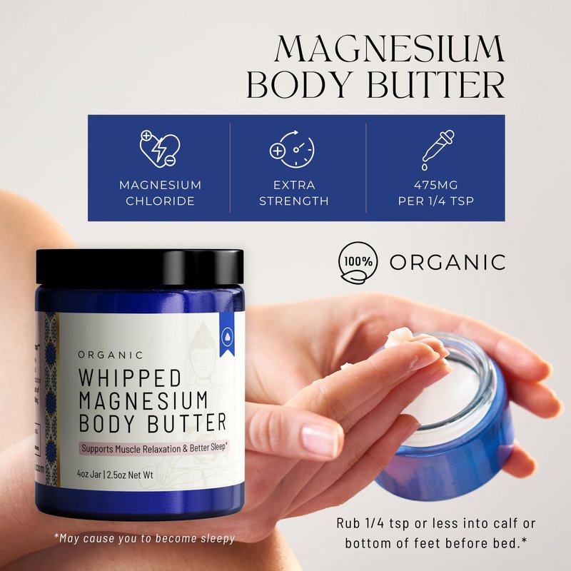 Sonam Sondhi Organic Magnesium Whipped Body Butter, 4 oz Jar, Extra Strength Magnesium Chloride from Ancient Zechstein Seabed, Supports Muscle Relaxation & Better Sleep