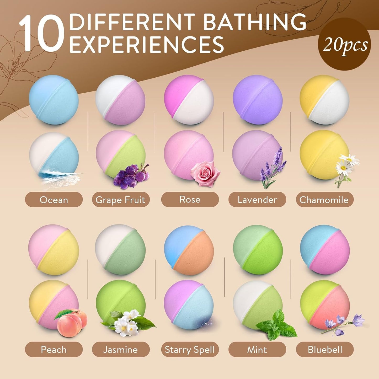 Bath Bombs Gift Set - 20 Natural Fizzies with 10 Unique Scents | Handmade Shea Butter for Skin Moisturizing & Relaxation