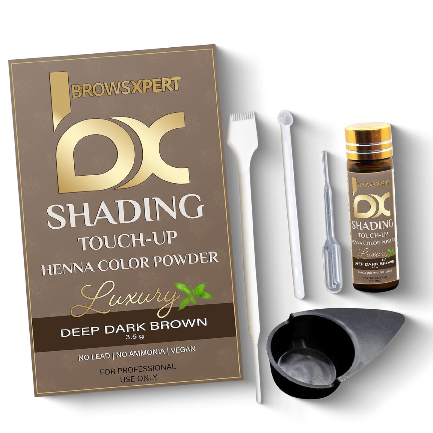 **Professional Shading Touch-Up Kit - Herbal Henna Color Powder with Mixing Dish, Stir & Brush | 3.5g | Natural Deep Dark Brown**