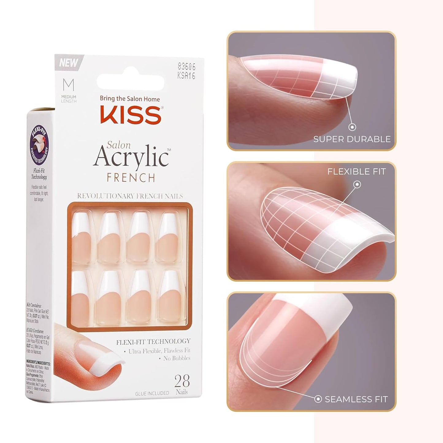 KISS Salon Acrylic French Nail Manicure Set, Medium Length, Square, “Je T'aime”, Nail Kit Includes Pink Gel Nail Glue (Net Wt. 2 g / 0.07oz.), Mini File, Manicure Stick, and 28 Fake Nails
