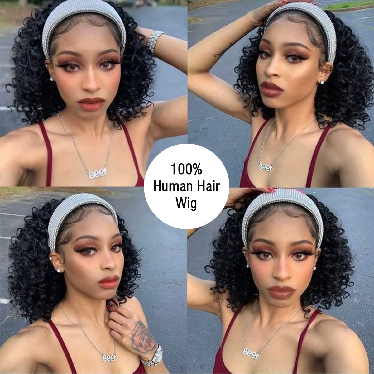 R RACILY HAIR Short Curly Headband Wigs Human Hair Wig for Black Women, Glueless Kinky Curly Weave Wigs 100% Unprocessed Hair None Lace Front Wigs Natural Color 150% Density (12", 1B, Curly)