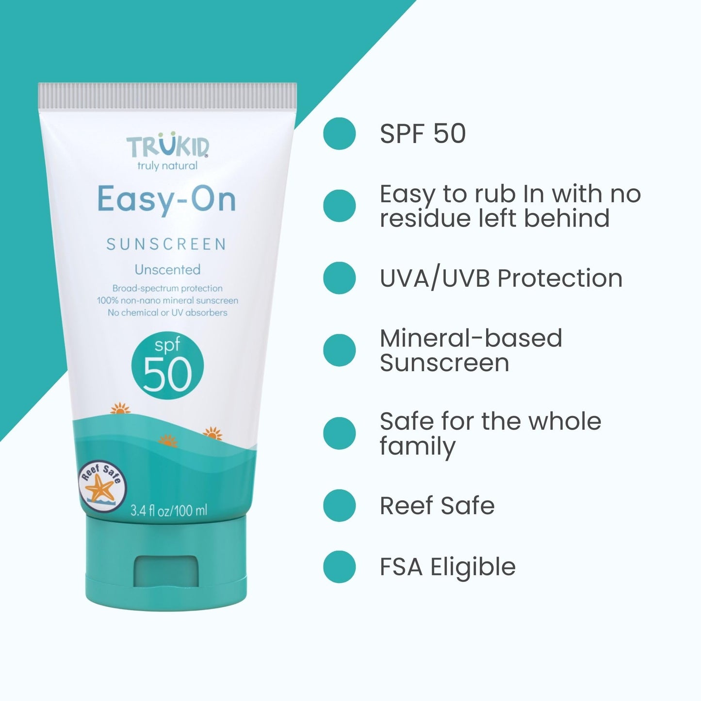 TruKid Sport Mineral Sunscreen SPF 30 - All Natural Kids & Baby Sunscreen for Face & Body, Non-Toxic Zinc Oxide Sunblock Protection for Sensitive Skin, Unscented, FSA Eligible, Travel Size 3.4oz