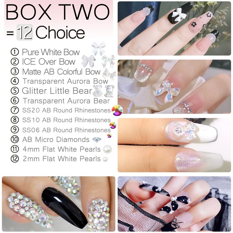 qiipii 2400pcs 3D Nail Art Kit Flower Nail Charms Resin Butterfly Bear Bow Charms White/Aurora Rose Golden Silver Metal Caviar Beads Half Pearls Rhinestones for Acrylic Nails Face Eyes Makeup Crafts