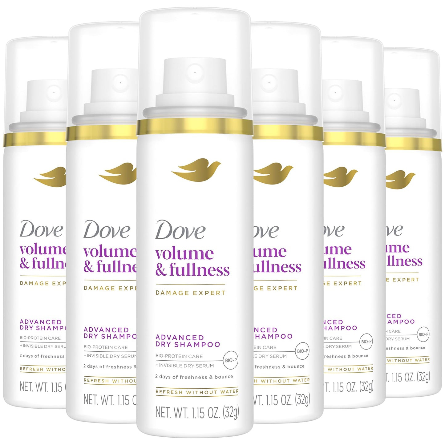 Dove Advanced Dry Shampoo, Travel-Size, Volume & Fullness, 6-Pack, Travel Essentials, 1.15 Oz Ea