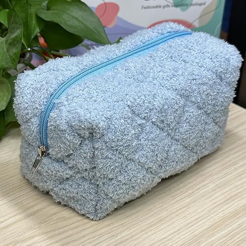 Checkered Makeup Bag, Blue Plush, Fluffy, Zippered, Portable Skincare Storage Bag, Fashionable Cosmetic Bag