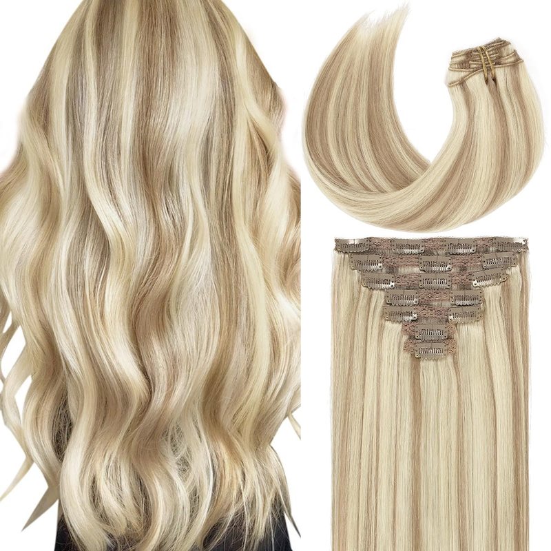 Caliee Blonde Clip in Hair Extensions Real Human Hair P10-613 Natural Human Hair Extensions Clip ins Real Human Hair for Women Full Head 120G with 16 Clips 7Pcs Lace Clip in hair 18 Inch