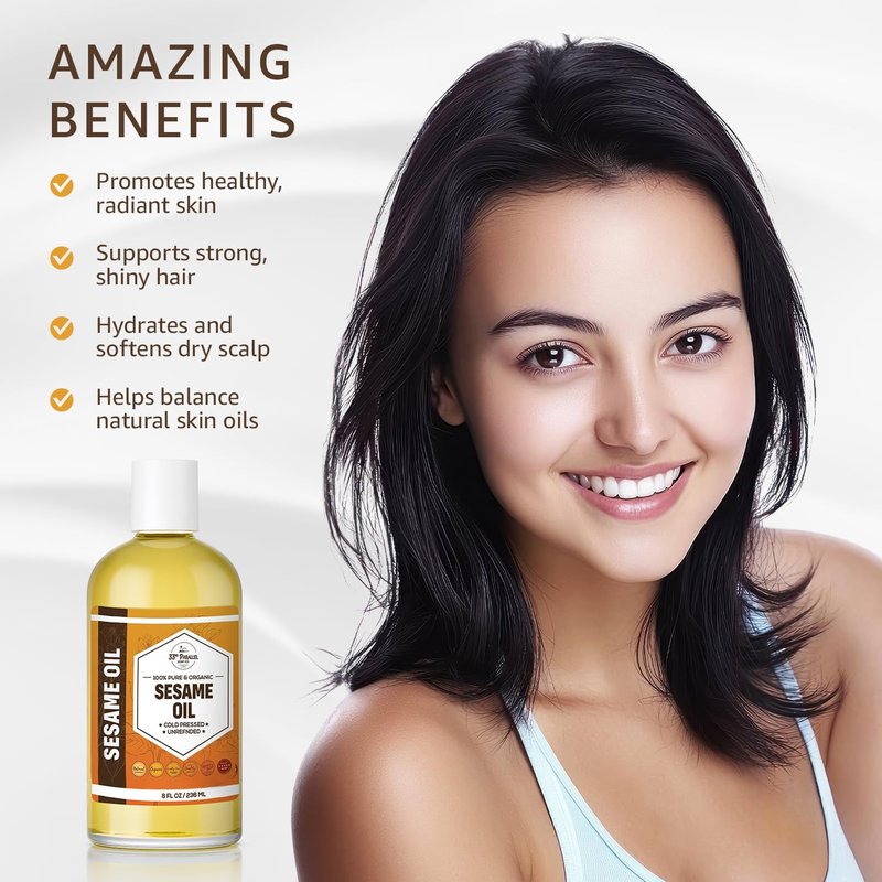 ORGANIC SESAME OIL (32 oz) Premium Cold Pressed Unrefined | 100% Pure Sesame Oil for Skin, Face, Hair, Soap Making | Carrier for Essential Oils | Available in Bulk | 32 FL OZ