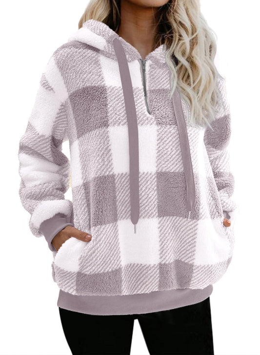 Nirovien Womens Oversized Sherpa Pullover Fleece Hoodies Women Gifts for Christmas Fuzzy Sweatshirt Fluffy Coat(Light Grey Plaid,2XL)