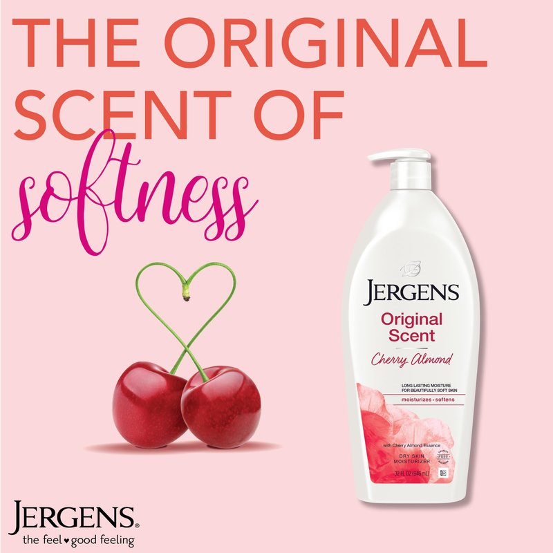 Jergens Original Scent Dry Skin Body Lotion, Hand and Body Moisturizer, Cherry Almond Essence, Dermatologist Tested, 32 Oz (Pack of 2)