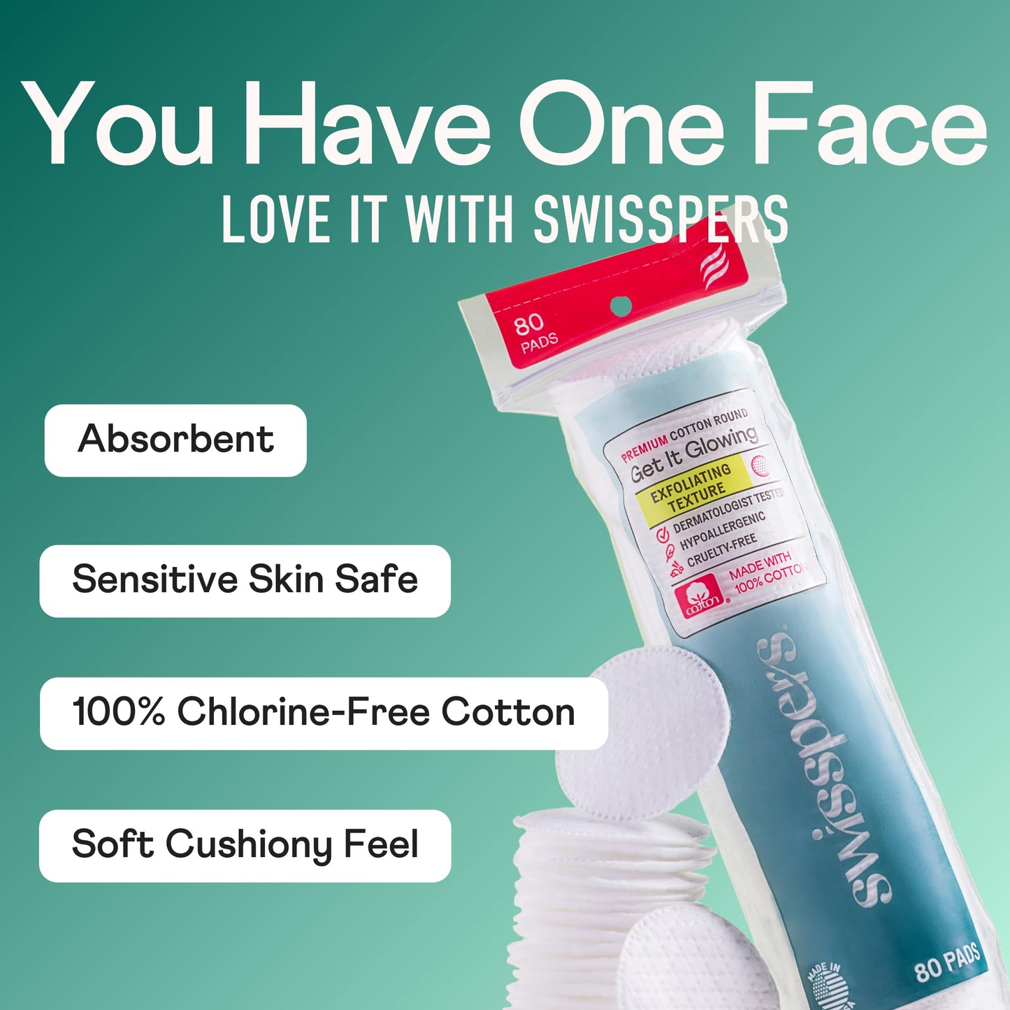 Swisspers Premium Exfoliating Rounds, 2 Distinct Raised Textured Surface, Cotton Facial Pads, 80 Count Re-closable Bag