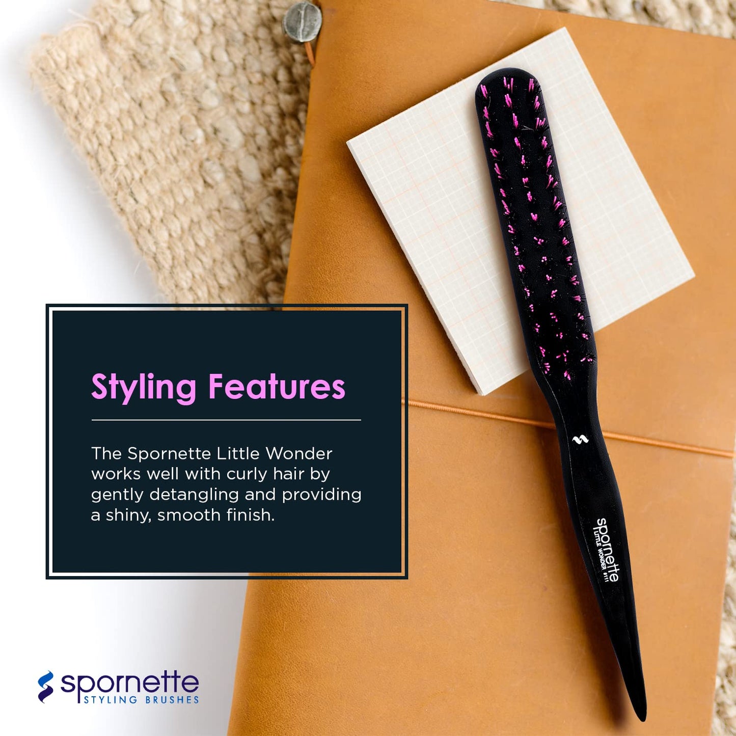 Spornette Boar Bristle Hair Brush for Women & Men - Little Wonder Small Teasing Brush - Create Slick Backs & Volume - Boar & Tourmaline Nylon Bristles for Back Brushing & Combing (Pink)