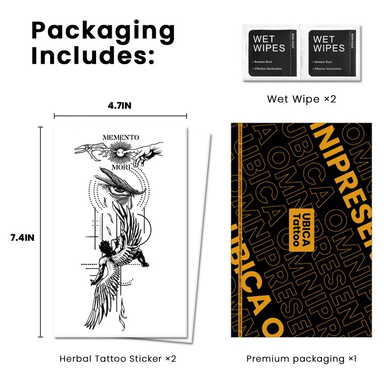 UBICA Tattoo Tech, 2 Sheets Extra-Large Semi Permanent Tattoo, Adult Art Design Temporary Tattoos, Lasts 7-15 Days, Waterproof, Realistic look, No Adhesive, No reflection (Descending Angel Design)