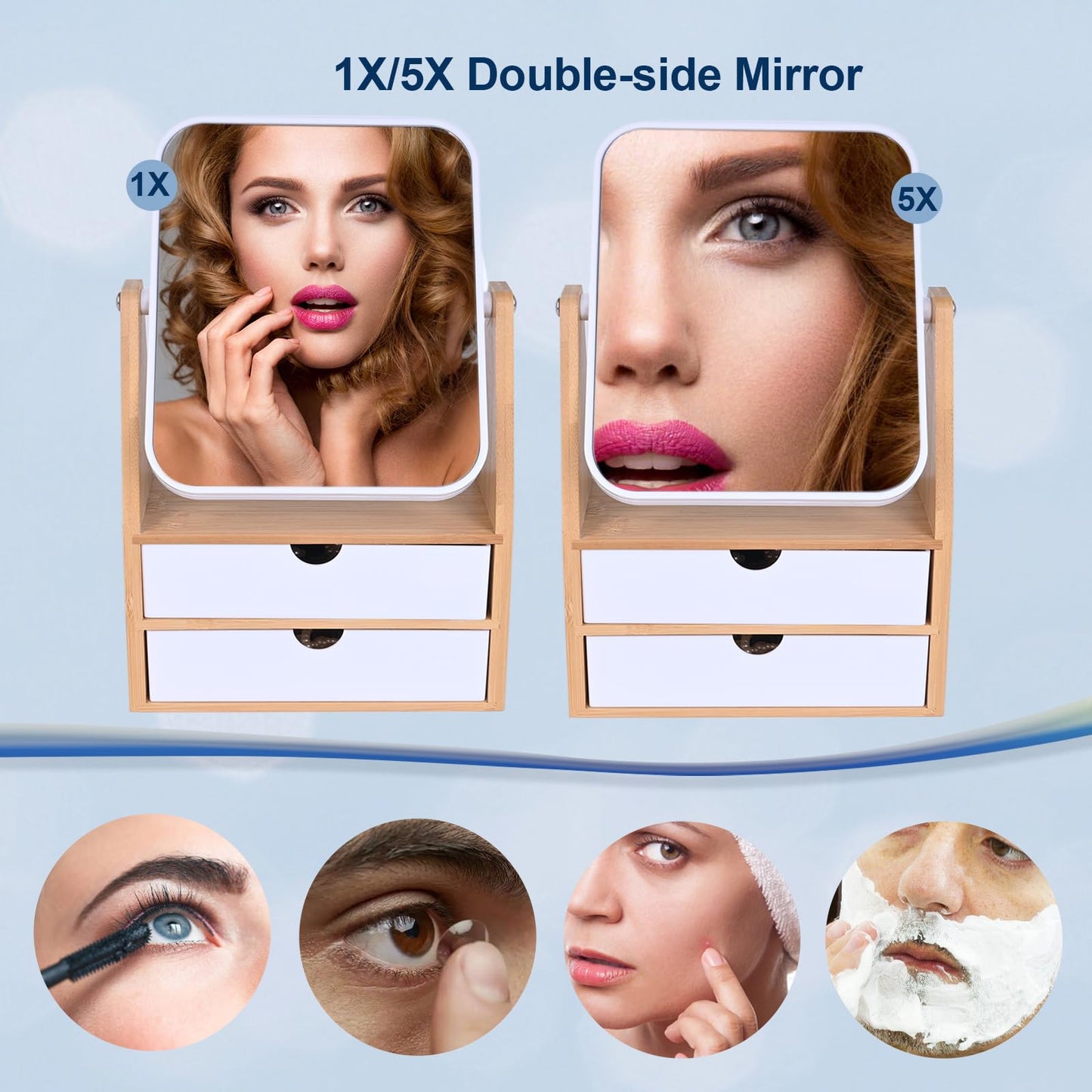 PYSYY 1x / 5X Magnifying Makeup Mirror, Jewelry and Cosmetics Storage Box with Double Drawers, Adjustable Natural Bamboo Stand, 360° rotatable Vertical Desktop Mirror (1, Rectangle)
