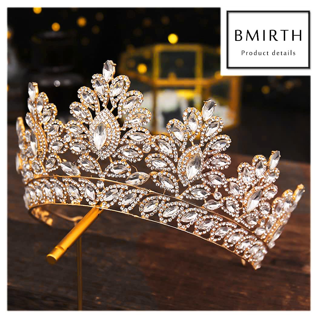 Bmirth Baroque Crown and Tiara Gold Crystal Pearl Bride Wedding Queen Crowns Decorative Princess Tiaras Rhinestone Hair Accessories for Women(L)