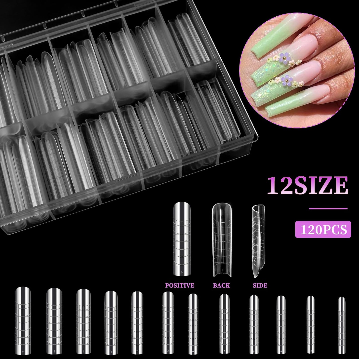 BOMOQING 120 PCS Dual Nail Forms with 100 PCS Nail Forms for Gel Nail Poly 24 PCS Duet System Forms, Full Cover Long Coffin Nail Forms for Builder Gel Nail Art Design Salon&DIY/042