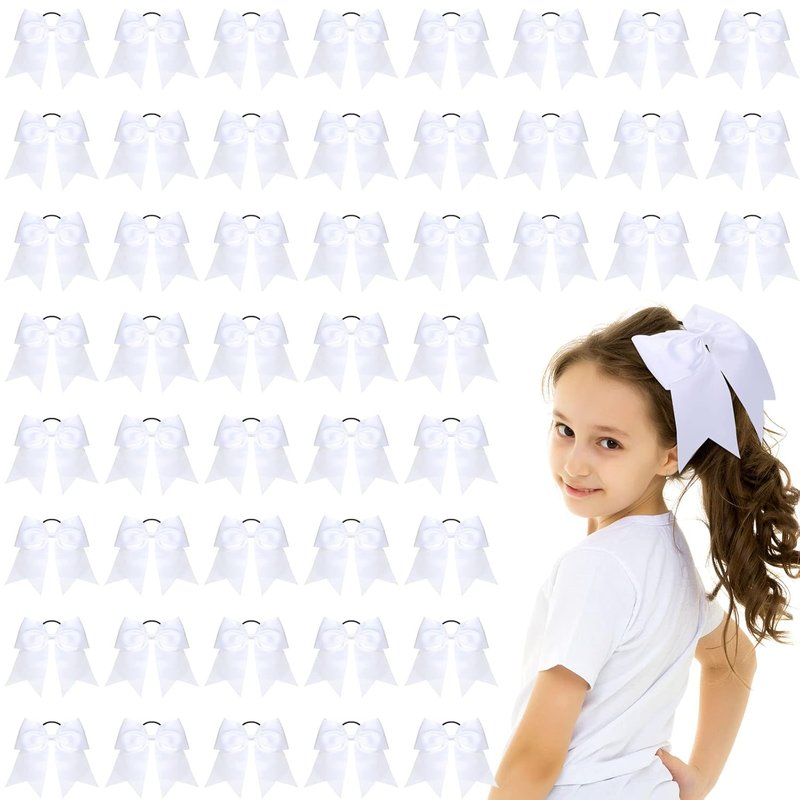 Cheer Hair Bows for Girls - 50 Pcs 8" White Large Cheerleading Bows with Elastic Ponytail Holders | Perfect for Sports Teams & Dance Accessories