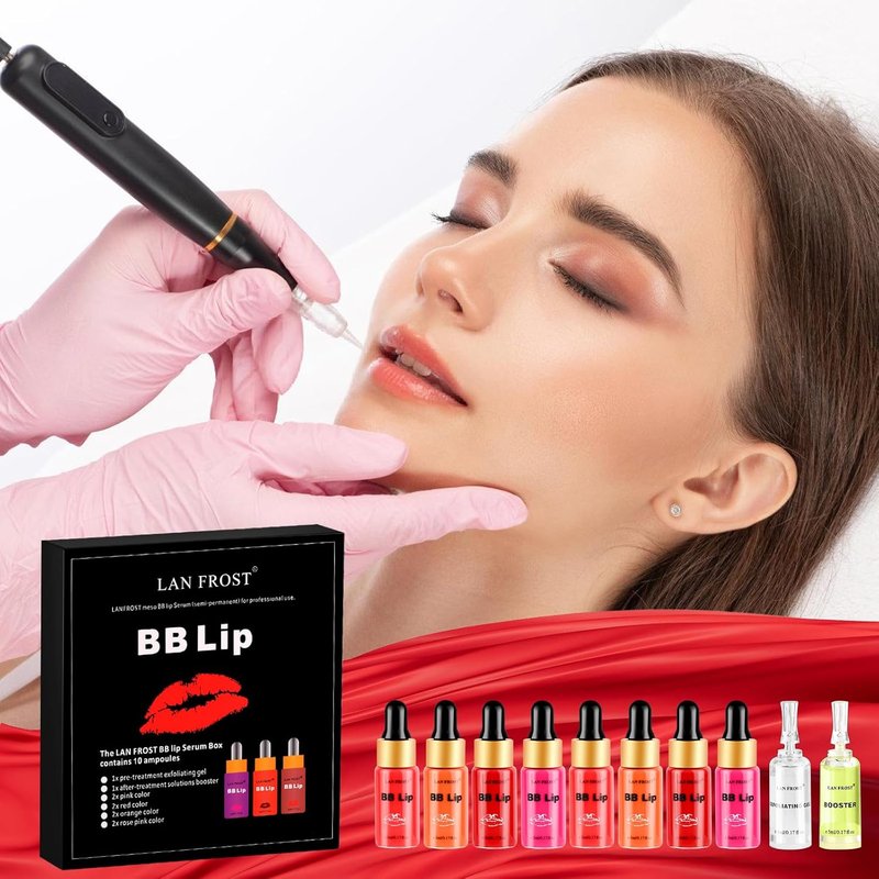 BB Lips Serum Starter Kit - Semi-Permanent Makeup Treatment with 4 Liquid Lip Pigments & Exfoliating Gel