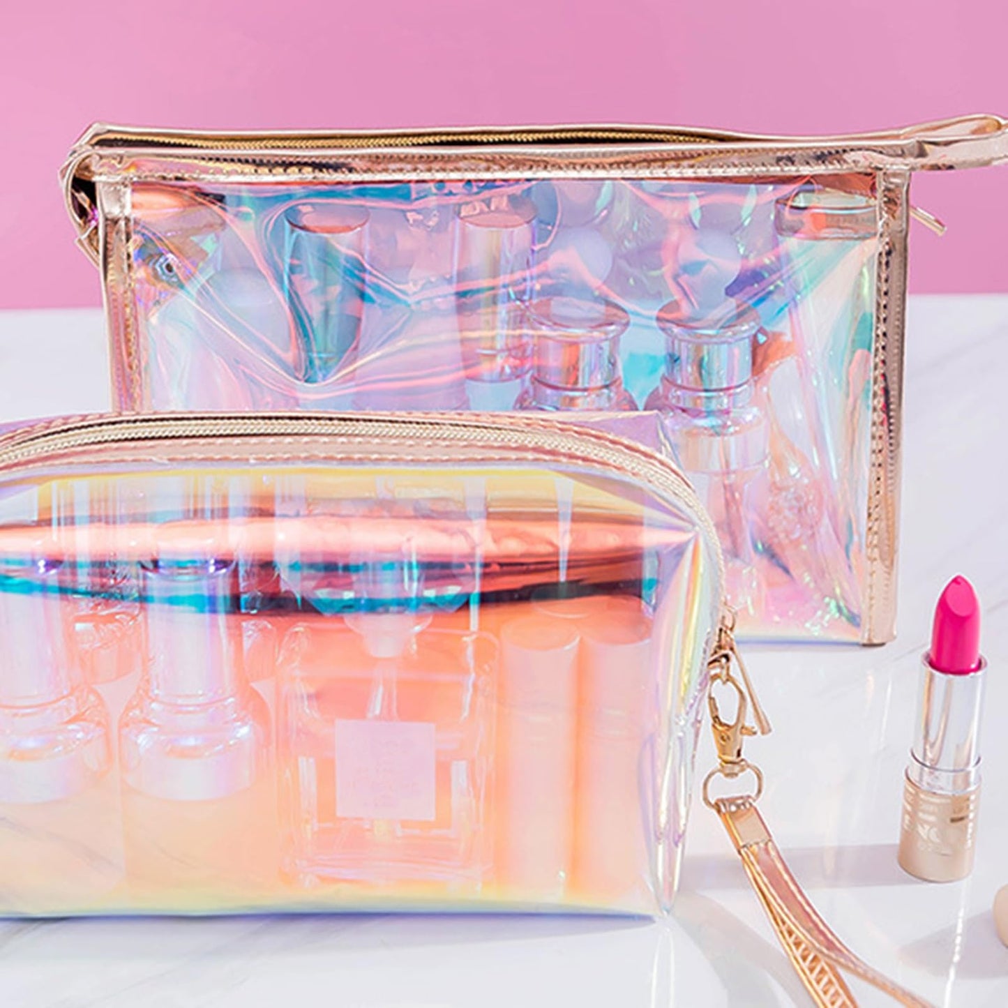 Gripebao Iridescent Holographic Makeup Bag with Wrist strap, Travel Clear Toiletry Bag, Lipstick Cosmetic Pouch, Waterproof Zipper Beach Bag Make up Organizer Case for Woman Teen Girl, A