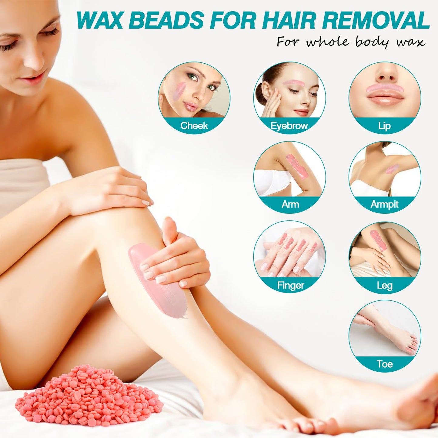 2.4 lb Hard Wax Beads Bulk, Professional Rosin-Free Brazilian Waxing Bead, Hypoallergenic Hair Removal Wax Bead for Sensitive Skin, Body, Bikini, Legs, Home Salons Wax Beans Refill, 5 Silicone Sticks