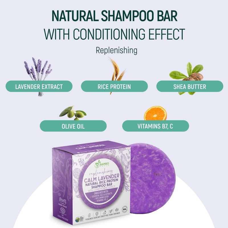 BAMBOEARTH Solid Rice Protein Water Shampoo Bar With Conditioner Effect Hair Soap – Shampoo Bars For Hair With All Natural Plant Based Essential Oils And Zero Waste Packaging (Lavender)