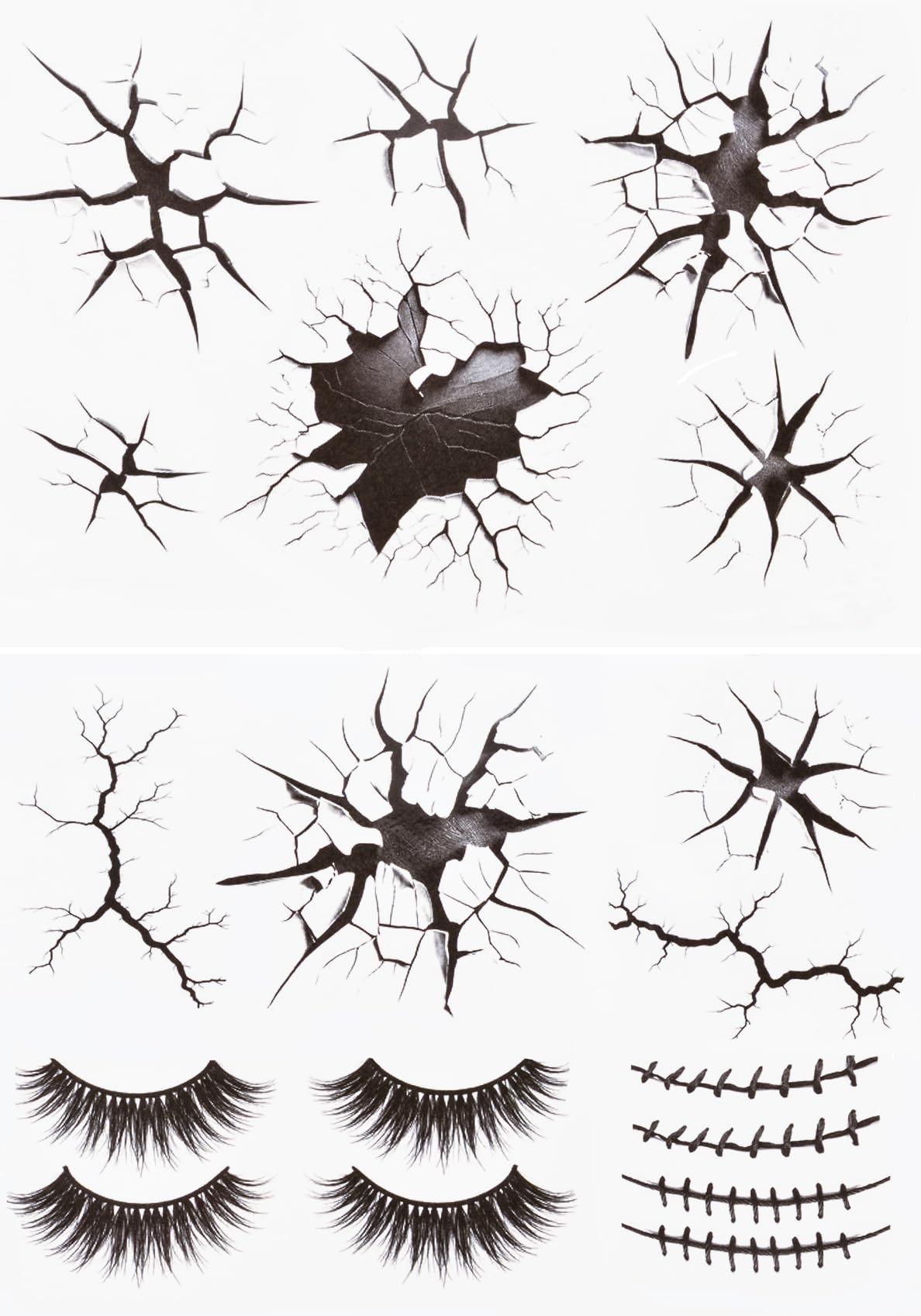 Halloween Creepy Cracks Face Tattoo Set, Temporary Makeup Stickers with Eyelashes, Black Broken Glass Pattern, Costume Accessories (Black)