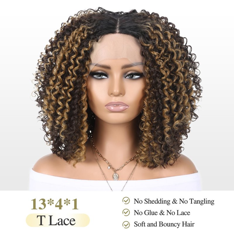 WIGER 15 inch Short Bob Lace Front Wigs 13X4X1 Curly T Part Wigs Middle Part Afro Kinky Curly Wigs Natural Black Synthetic Curly Wig For African American women